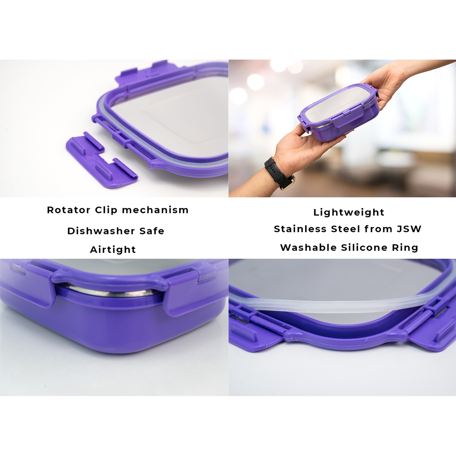 Veigo HeatUp Large Insulated Stainless Steel Leakproof & Airtight Lunch Box (630ml), Microwave Safe, Rectangle Shape, Violet