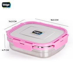 Veigo Large Stainless Steel Air Tight & Leak-Proof Lunch Box with Lid Lock & Detachable Clip Mechanism (600ml), Pink