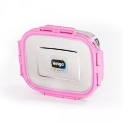 Veigo Large Stainless Steel Air Tight & Leak-Proof Lunch Box with Lid Lock & Detachable Clip Mechanism (600ml), Pink