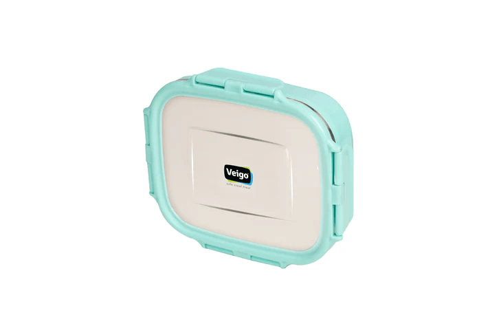 Veigo HeatUp Large Insulated Stainless Steel Leakproof & Airtight Lunch Box (630ml), Microwave Safe, Rectangle Shape, Light Green Cyan