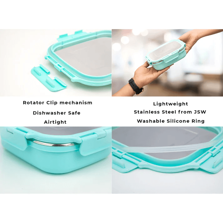Veigo HeatUp Large Insulated Stainless Steel Leakproof & Airtight Lunch Box (630ml), Microwave Safe, Rectangle Shape, Light Green Cyan