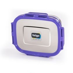 Veigo Large Stainless Steel Air Tight & Leak-Proof Lunch Box with Lid Lock & Detachable Clip Mechanism (600ml), Violet