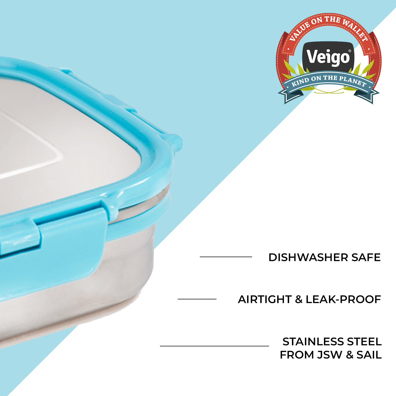 Veigo Large Stainless Steel Air Tight & Leak-Proof Lunch Box with Lid Lock & Detachable Clip Mechanism (600ml), Green