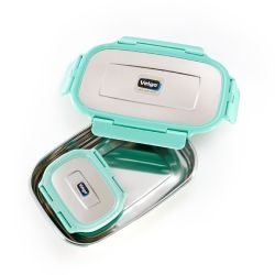 Veigo Jumbo Stainless Steel Lunch Box with Silicon Ring & Lid Lock with Small Veg Box Inside(950ml + 180ml), Light Green Cyan