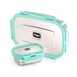 Veigo Jumbo Stainless Steel Lunch Box with Silicon Ring & Lid Lock with Small Veg Box Inside(950ml + 180ml), Light Green Cyan