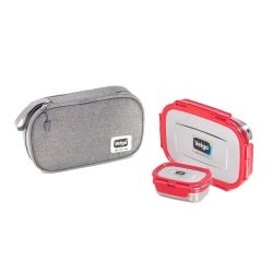 Veigo Jumbo Combo- 1 Airtight & Leakproof Stainless Steel Lunch Box with Small Veg Box Inside(950ml + 180ml) comes with Flat Insulated Pouch, Red