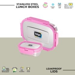 Veigo Jumbo Combo- 1 Airtight & Leakproof Stainless Steel Lunch Box with Small Veg Box Inside(950ml + 180ml) comes with Flat Insulated Pouch, Pink