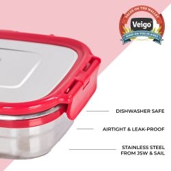 Veigo Large Stainless Steel Air Tight & Leak-Proof Lunch Box with Lid Lock & Detachable Clip Mechanism (600ml), Red