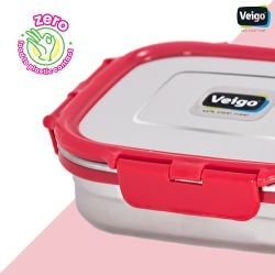 Veigo Large Stainless Steel Air Tight & Leak-Proof Lunch Box with Lid Lock & Detachable Clip Mechanism (600ml), Red