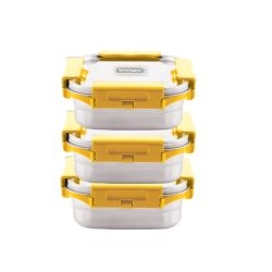 Veigo LunchBoss Combo- 3 MaxoSteel Leakproof & Airtight Medium Lunch Boxes(330ml + 330ml + 330ml) with Insulated Lunch Bag, Suitable for Office & School, Yellow