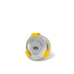 Veigo MaxoSteel Round Stainless Steel Airtight & Leakproof Lunch Box with Silicon Ring & Lid Lock, 325 Ml, Yellow