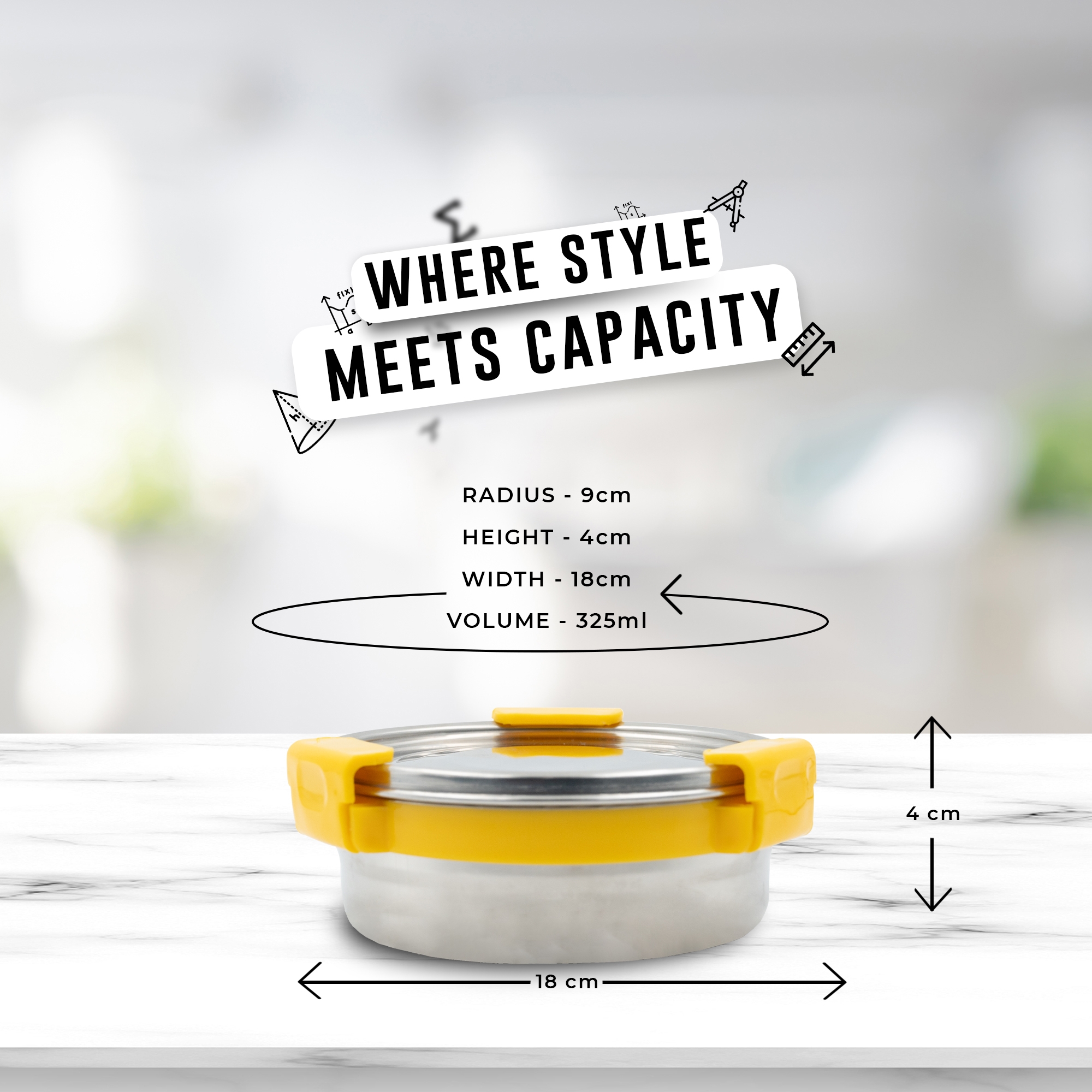 Veigo MaxoSteel Round Stainless Steel Airtight & Leakproof Lunch Box with Silicon Ring & Lid Lock, 325 Ml, Yellow