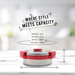 Veigo MaxoSteel Round Stainless Steel Airtight & Leakproof Lunch Box with Silicon Ring & Lid Lock, 325 Ml, Red