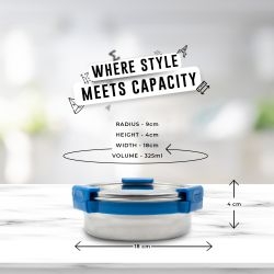 Veigo MaxoSteel Round Stainless Steel Airtight & Leakproof Lunch Box with Silicon Ring & Lid Lock, 325 Ml, Dark Blue