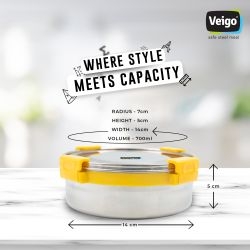 Veigo MaxoSteel Round Stainless Steel Airtight & Leakproof Lunch Box with Silicon Ring & Lid Lock, 700 Ml, Yellow