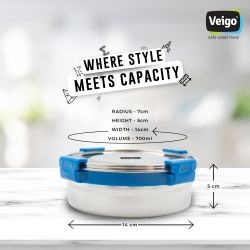 Veigo MaxoSteel Round Stainless Steel Airtight & Leakproof Lunch Box with Silicon Ring & Lid Lock, 700 Ml, Dark Blue