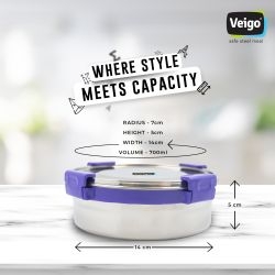 Veigo MaxoSteel Round Stainless Steel Airtight & Leakproof Lunch Box with Silicon Ring & Lid Lock, 700 Ml, Violet