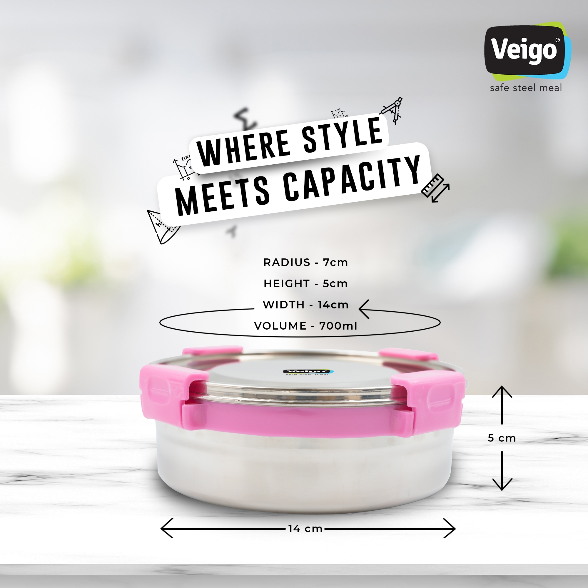 Veigo MaxoSteel Round Stainless Steel Airtight & Leakproof Lunch Box with Silicon Ring & Lid Lock, 700 Ml, Pink