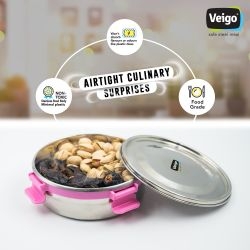 Veigo MaxoSteel Round Stainless Steel Airtight & Leakproof Lunch Box with Silicon Ring & Lid Lock, 700 Ml, Pink