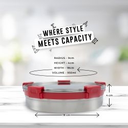 Veigo MaxoSteel Round Stainless Steel Airtight & Leakproof Lunch Box with Silicon Ring & Lid Lock, 950 Ml, Red