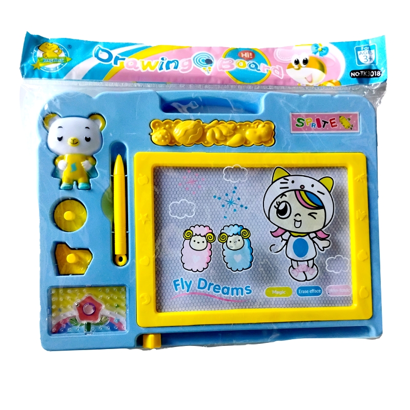 2 in 1 Double Sided Magnetic Drawing & Writing Board Self Erasing Slate with Chalk,Duster and Stamps (Blue)