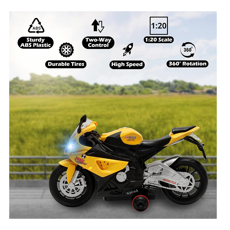1:20 Scale Rechargeable Remote Control Rc Bike Toys with Light & Sound Function (Yellow)