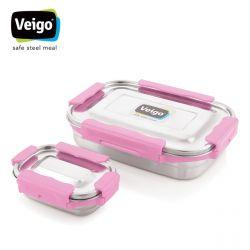 Veigo MaxoSteel Jumbo Stainless Steel Lunch Box with Reverse clip mechanism & Silicon Ring with Small Veg Box Inside(950ml + 200 ml), Pink