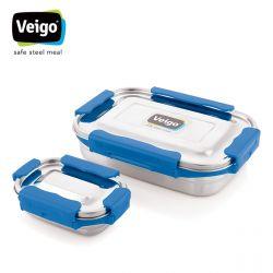 Veigo MaxoSteel Jumbo Stainless Steel Lunch Box with Reverse clip mechanism & Silicon Ring with Small Veg Box Inside(950ml + 200 ml), Dark Blue