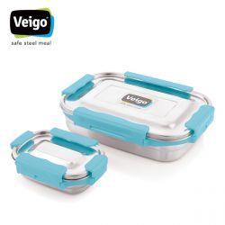 Veigo MaxoSteel Jumbo Stainless Steel Lunch Box with Reverse clip mechanism & Silicon Ring with Small Veg Box Inside(950ml + 200 ml), Aqua Blue