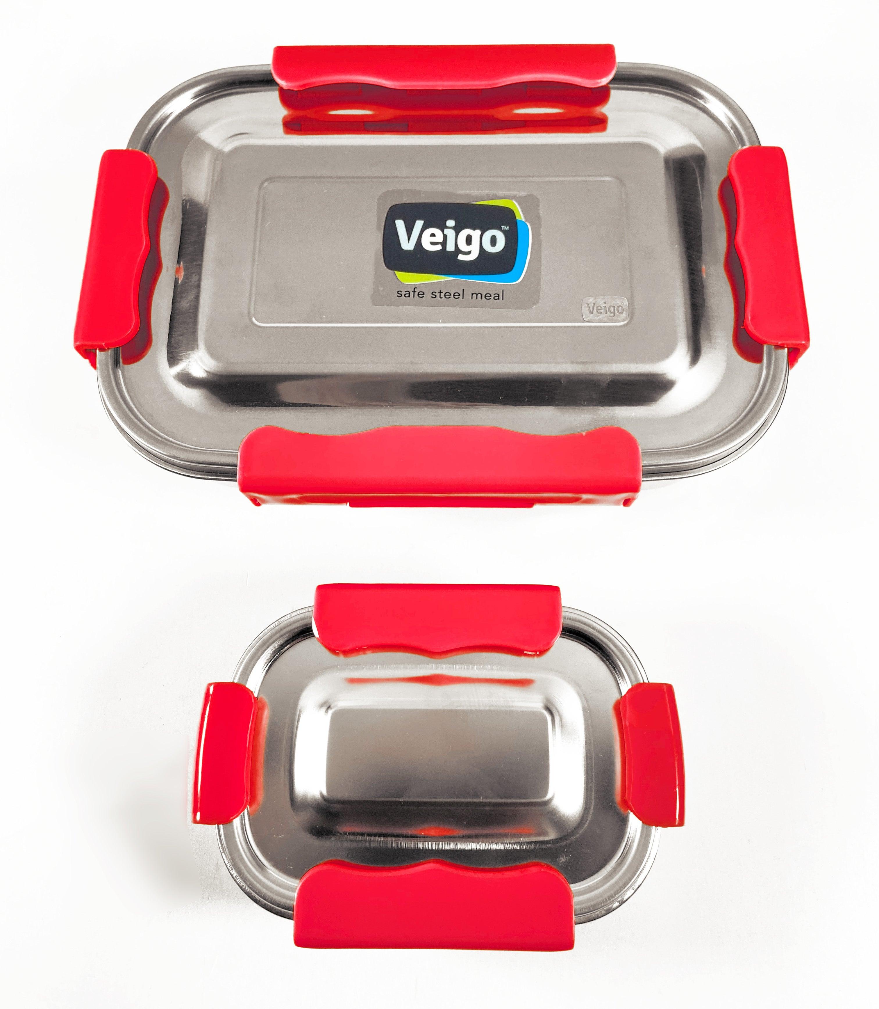 Veigo MaxoSteel Jumbo Stainless Steel Lunch Box with Reverse clip mechanism & Silicon Ring with Small Veg Box Inside(950ml + 200 ml), Red