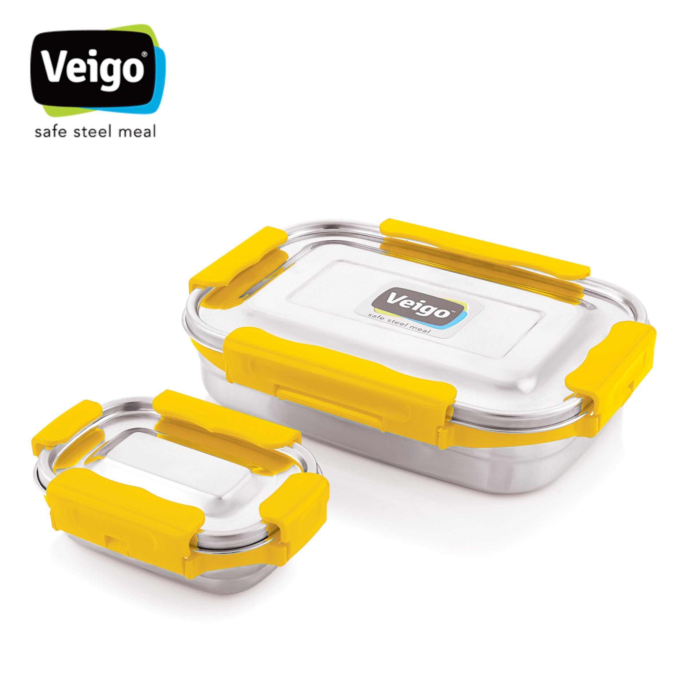 Veigo MaxoSteel Jumbo Stainless Steel Lunch Box with Reverse clip mechanism & Silicon Ring with Small Veg Box Inside(950ml + 200 ml),ellow
