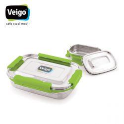 Veigo MaxoSteel Jumbo Stainless Steel Lunch Box with Reverse clip mechanism & Silicon Ring with Small Veg Box Inside(950ml + 200 ml), Green