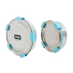 Veigo MaxoSteel Round Stainless Steel Airtight & Leakproof Lunch Box with Silicon Ring & Lid Lock, Set of 2(700ML+950ML), Aqua Blue