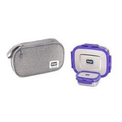 Veigo On the Go Combo- 1 Large Stainless Steel Lunch Box with 1 Small Veg Box Inside (630ml + 180ml) comes with Flat Insulated Lunch Bag Suitable for School & College, Violet