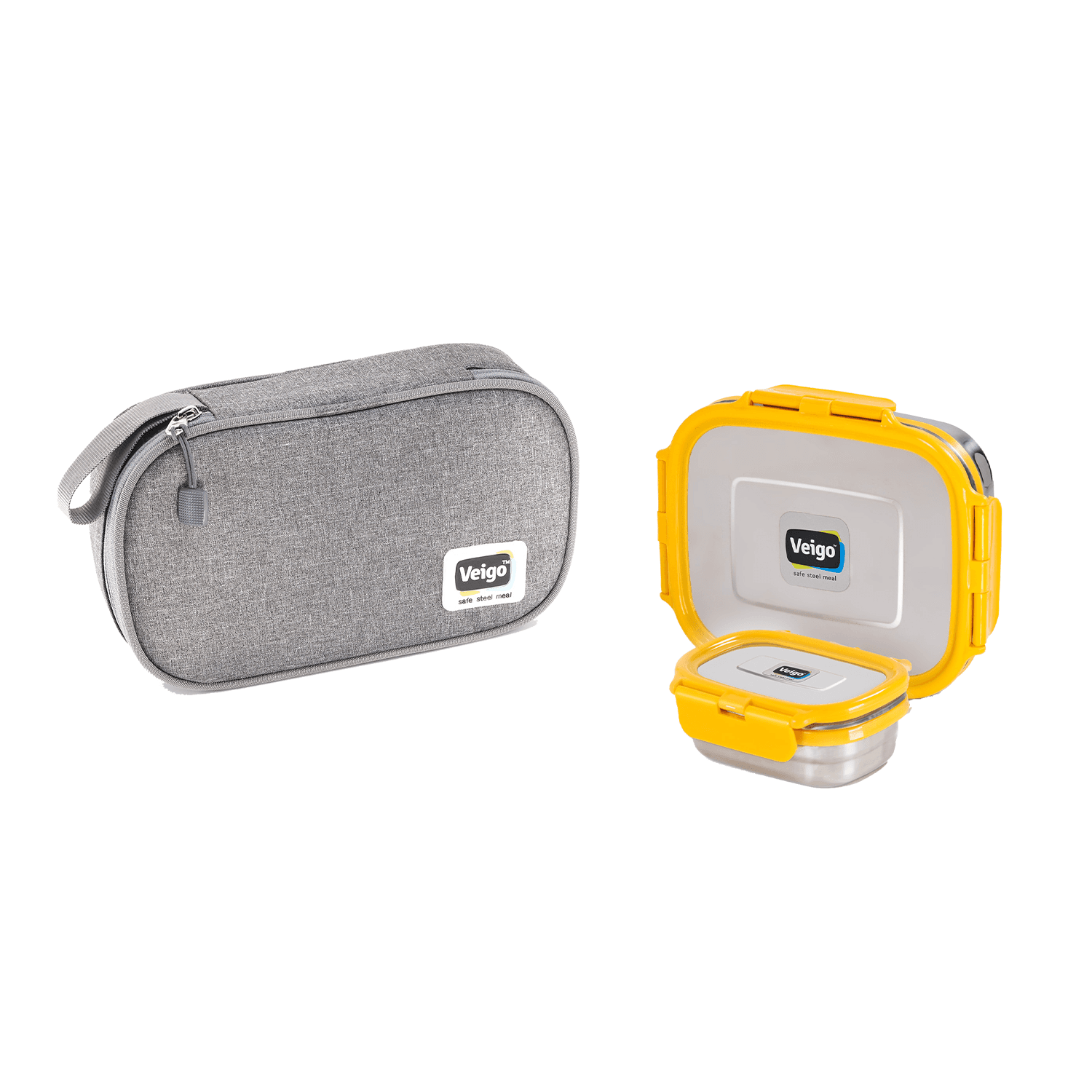 Veigo On the Go Combo- 1 Large Stainless Steel Lunch Box with 1 Small Veg Box Inside (630ml + 180ml) comes with Flat Insulated Lunch Bag Suitable for School & College,ellow