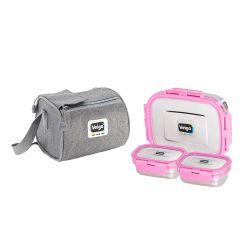 Veigo Daftar Combo- 1 Large Stainless Steel Leakproof Lunch Box with 2 Small Veg Box (630ml + 180ml +180ml) Comes with Insulated Lunch Bag, Suitable for Office, Pink