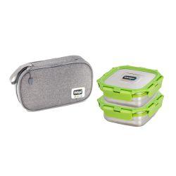 Veigo Daily Combo- 2 Stainless Steel Leakproof & Airtight Lunch Boxes(330 Ml+ 330 Ml) with Flat Insulated Bag, Suitable for School Kids, Green