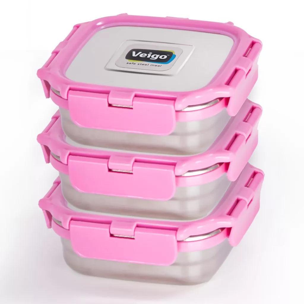 Veigo LunchBoss Combo- 3 Stainless Steel Leakproof & Airtight Medium Lunch Boxes(330ml + 330ml + 330ml) with Insulated Lunch Bag, Suitable for Office & School, Pink