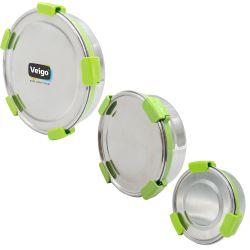 Veigo Maxosteel Round Stainless Steel Airtight & Leakproof Lunch Box with Silicon Ring & Lid Lock, Set of 3(325ML+700ML+950ML), Green