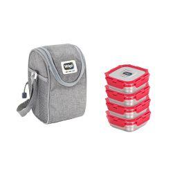 Veigo LunchBoss Combo- 4 Stainless Steel Leakproof Lunch Box Set (330ml + 330ml + 330ml + 330ml) with Insulated Lunch Bag, Suitable for Office, Red