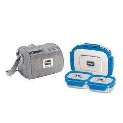 Veigo Daftar Combo- 1 Large Stainless Steel Leakproof Lunch Box with 2 Small Veg Box (630ml + 180ml +180ml) Comes with Insulated Lunch Bag, Suitable for Office, Dark Blue