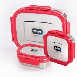 Veigo Celebration Ready to Gift Set- 3 Stainless Steel Leakproof Containers in Ready-to-Gift Box (630ml + 330ml + 180ml)) Suitable for Gifting, Red