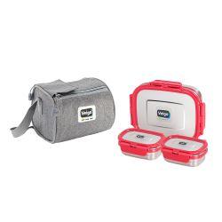 Veigo Daftar Combo- 1 Large Stainless Steel Leakproof Lunch Box with 2 Small Veg Box (630ml + 180ml +180ml) Comes with Insulated Lunch Bag, Suitable for Office, Red