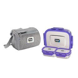 Veigo Daftar Combo- 1 Large Stainless Steel Leakproof Lunch Box with 2 Small Veg Box (630ml + 180ml +180ml) Comes with Insulated Lunch Bag, Suitable for Office, Violet