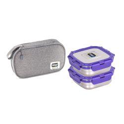 Veigo Daily Combo- 2 Stainless Steel Leakproof & Airtight Lunch Boxes(330 Ml+ 330 Ml) with Flat Insulated Bag, Suitable for School Kids, Violet