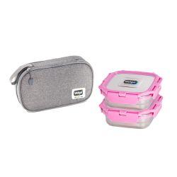 Veigo Daily Combo- 2 Stainless Steel Leakproof & Airtight Lunch Boxes (330 Ml+ 330 Ml) with Flat Insulated Bag, Suitable for School Kids, Pink