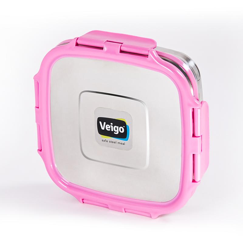 Veigo Sandwich Stainless Steel Airtight Box with Silicon Ring & Lid Lock, Pink