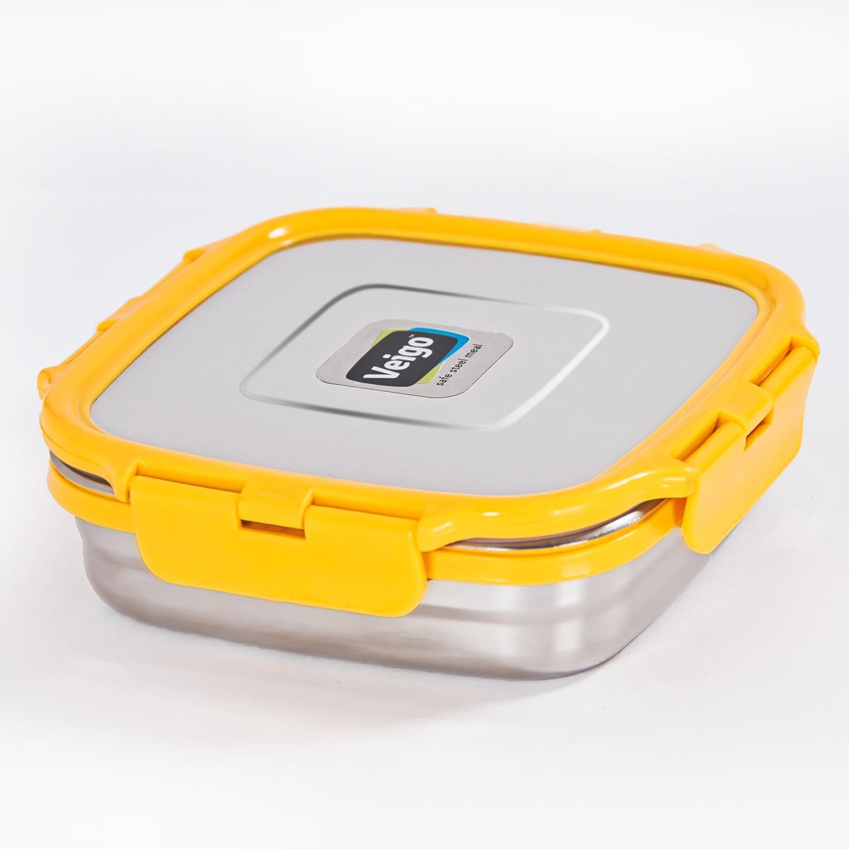 Veigo Sandwich Stainless Steel Airtight Box with Silicon Ring & Lid Lock, Yellow