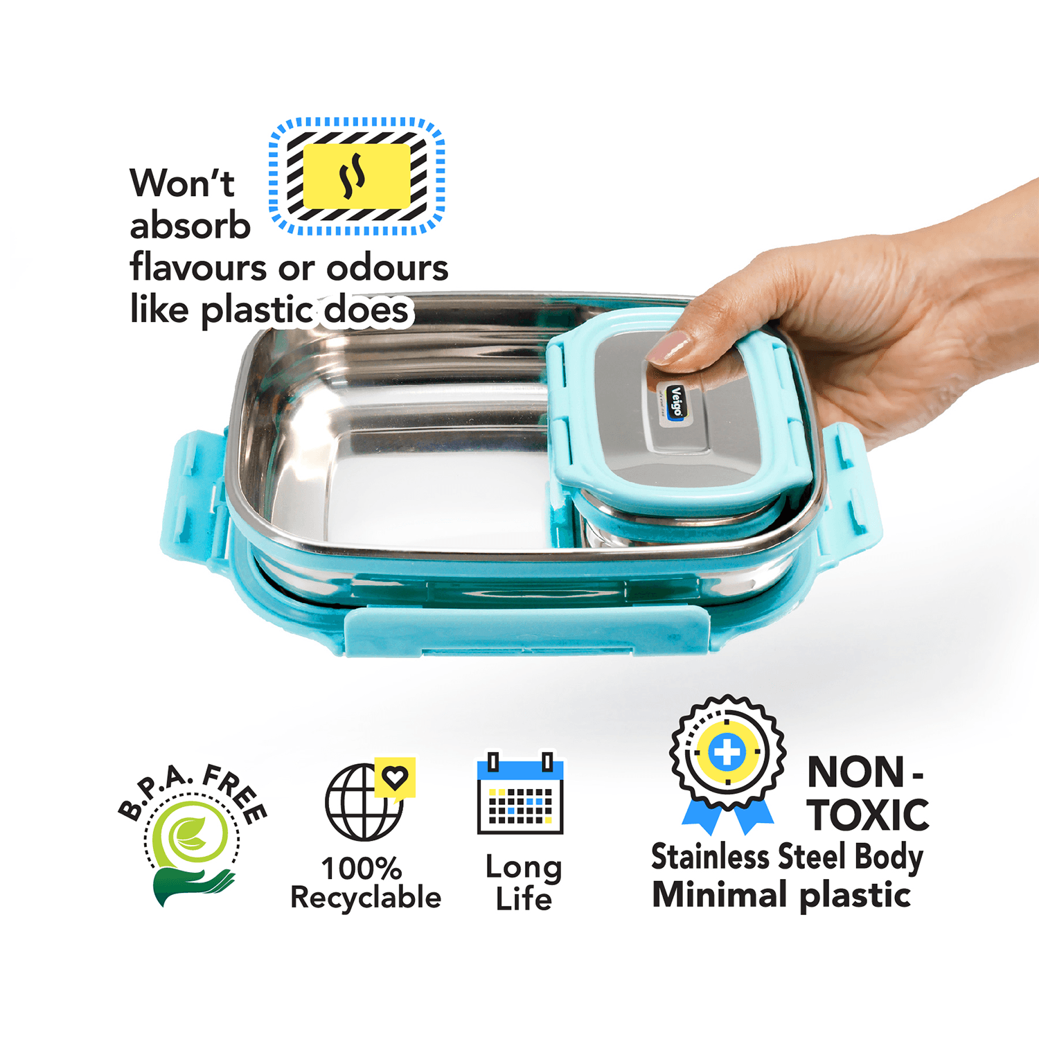 Veigo Jumbo Stainless Steel Lunch Box with Silicon Ring & Lid Lock with Small Veg Box Inside(950ml + 180ml), Aqua Blue