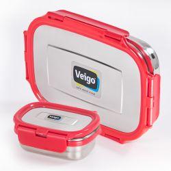 Veigo Jumbo Stainless Steel Lunch Box with Silicon Ring & Lid Lock with Small Veg Box Inside(950ml + 180ml), Red